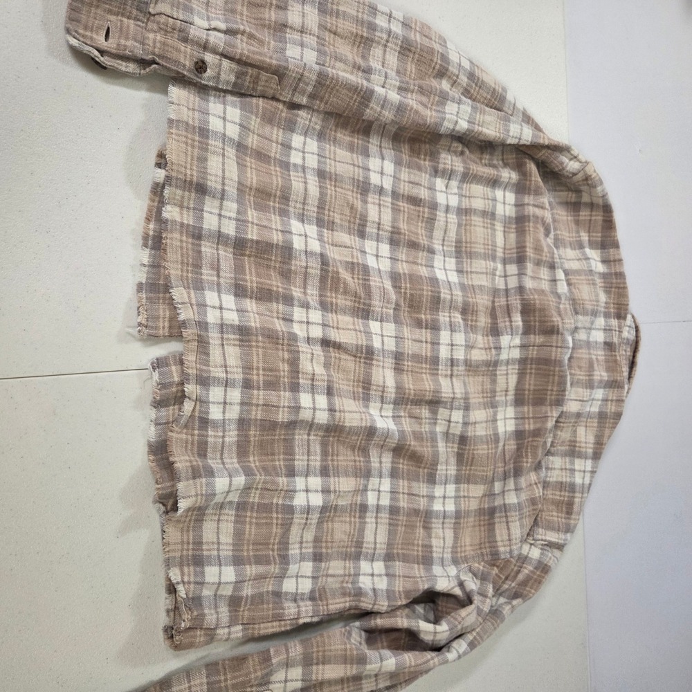 Abercrombie & Fitch Soft A&F Cropped Plaid Flannel Shirt Beige Tan Medium - Picture 6 of 6